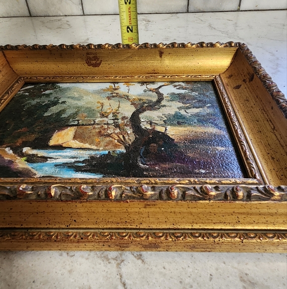 Beautiful vintage original painting landscape bridge over stream creek water - Picture 7 of 8